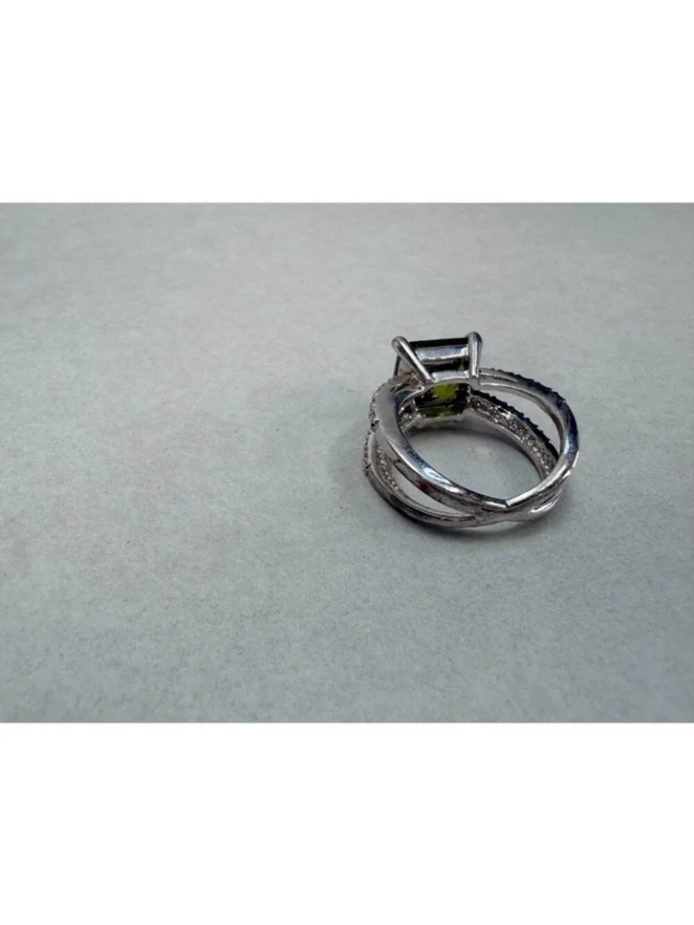 Huge Olive Green Princess Cut Statement Ring Pave CZ Silver Tone Size 7.5